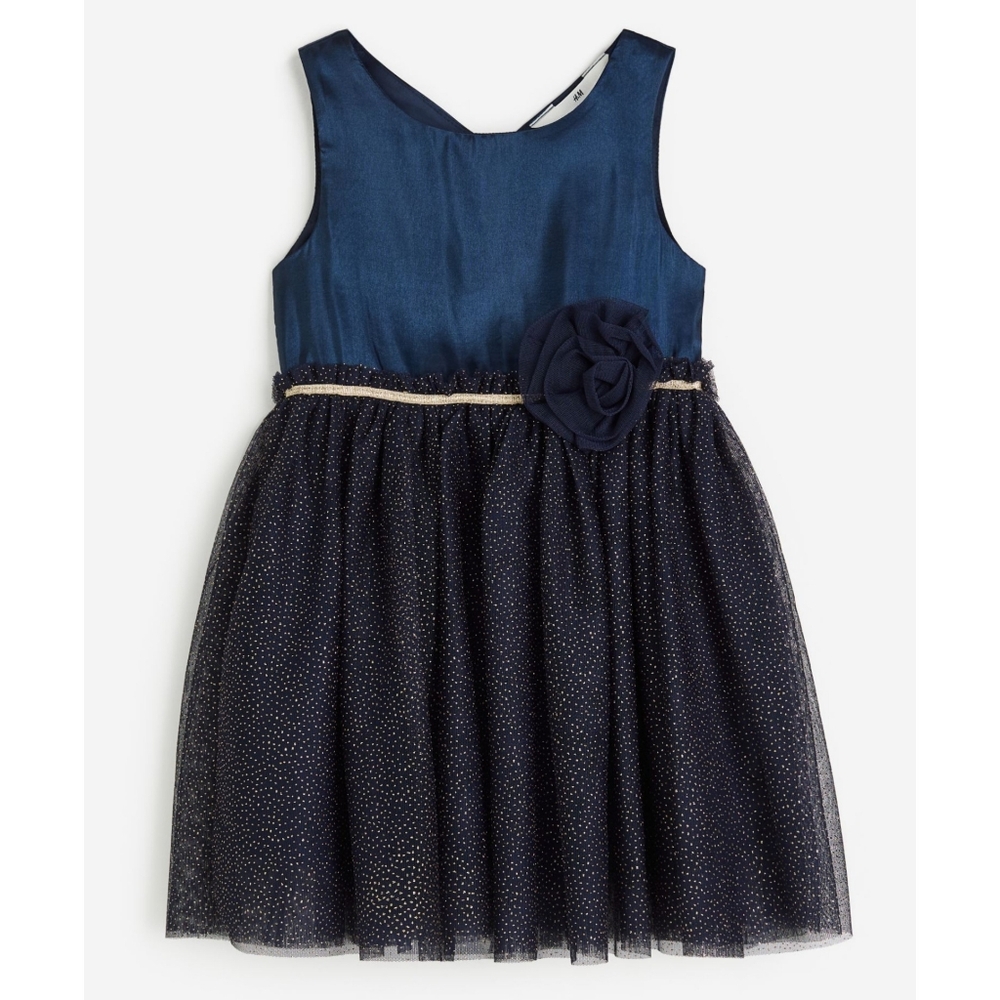 H&M Girls Navy Blue & Gold Glitter Tulle Skirt Elegant Dress Size 6 NEW